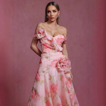 Retro Floral Waist-Cinching Casual Printed Off-Shoulder Dress