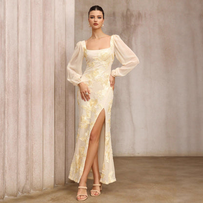 Plate Flower Embroidered Square Collar Slit Banquet Dress