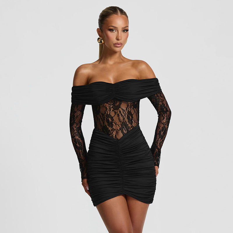 Women's Off-the-Shoulder Lace Patchwork Sheath Mini Dress