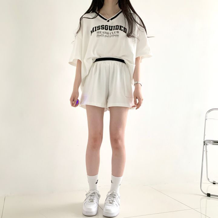 V-neck Women's Short-sleeved Shorts Two-piece Set Solid Color