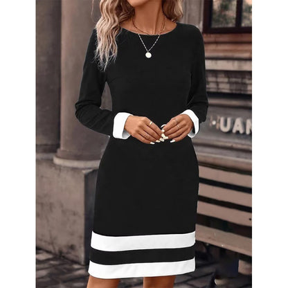 New Fashion Fitted Color-block Long-sleeve Dress With Round Neckline