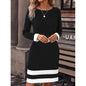 New Fashion Fitted Color-block Long-sleeve Dress With Round Neckline
