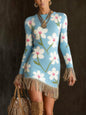 Round-neck Knitted Tassel Bodycon Dress With Digital Print