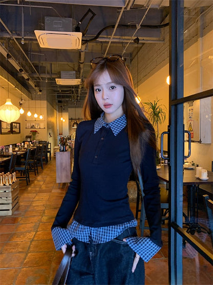 Fashion Fake Two-piece Slim-fit Long-sleeved T-shirt For Women