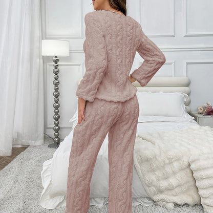 Simple Casual Solid Color Flannel Home Wear Pajamas Suit