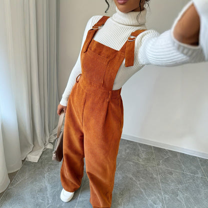 Corduroy Loose Straight Bib Pants Women