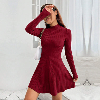 Autumn And Winter New European And American Women's Slim-fit Semi-high Neck Waist-cinching A-line Dress Long Sleeve Ribbed Dress
