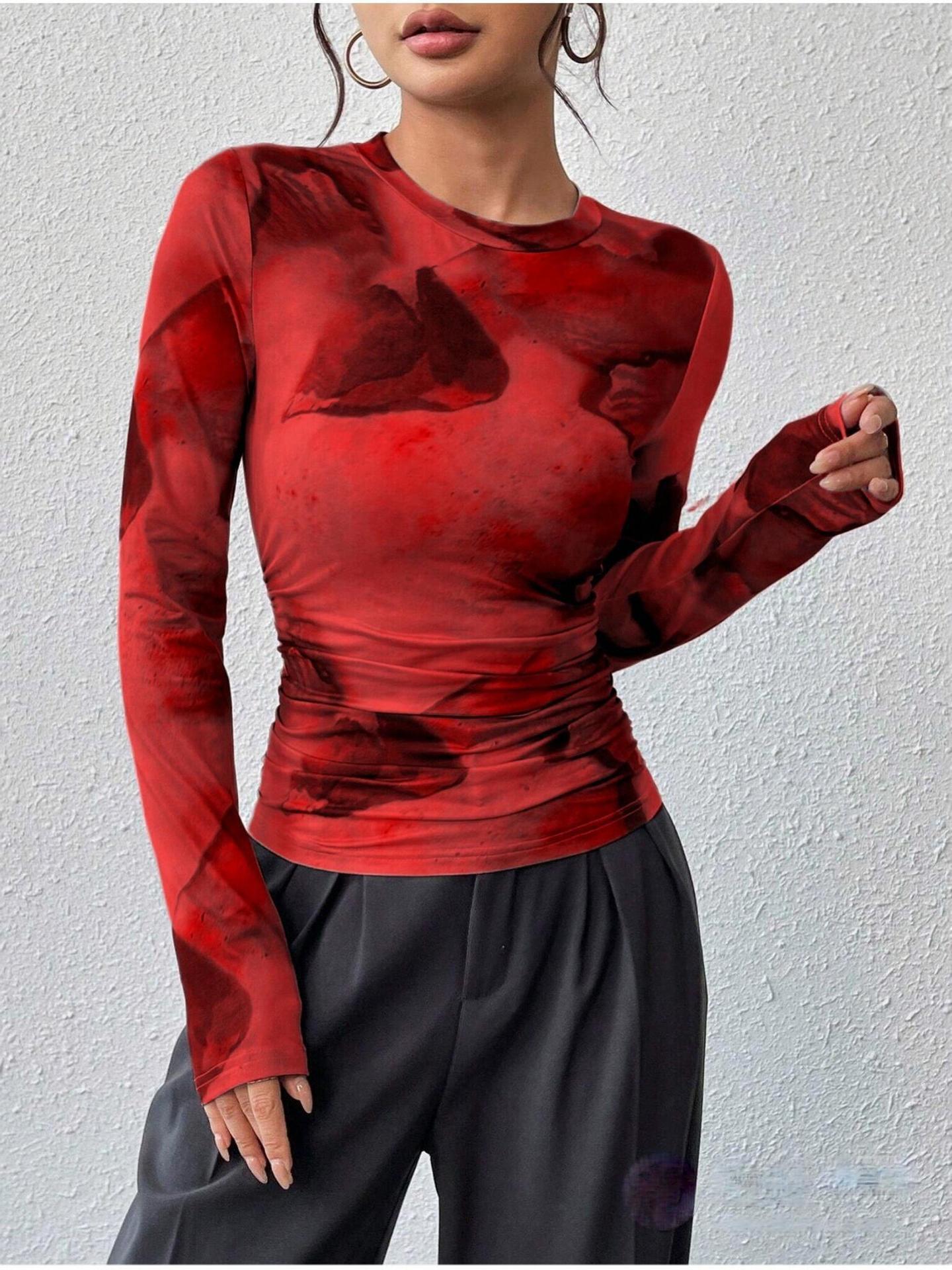 Ink-wash Retro Print Women's Slim-fit Versatile Stylish Top