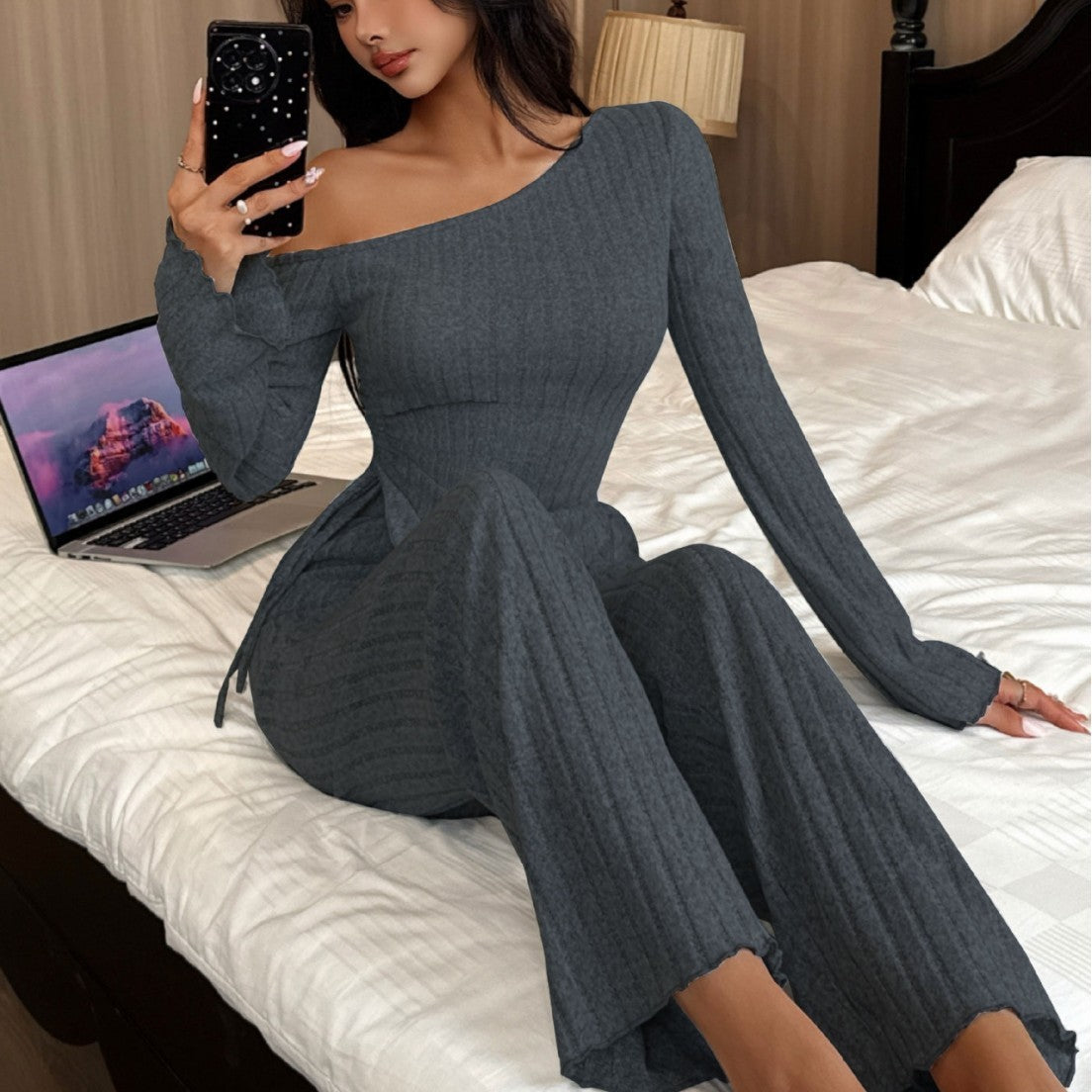 Fashion Sexy Off-the-shoulder Irregular Long Sleeve Trousers Homewear Suit