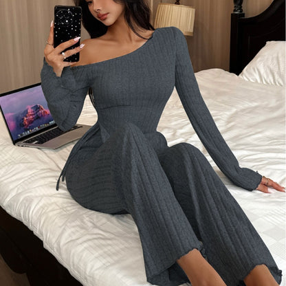 Fashion Sexy Off-the-shoulder Irregular Long Sleeve Trousers Homewear Suit