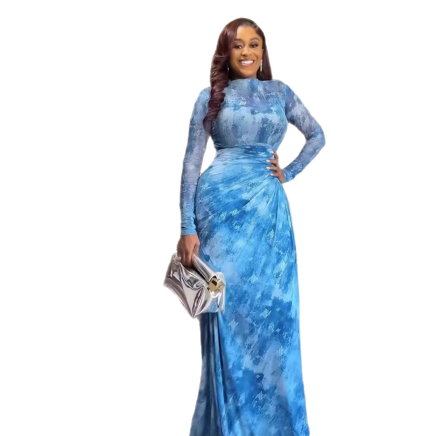 Printed Mesh Maxi Dress With Long Sleeves