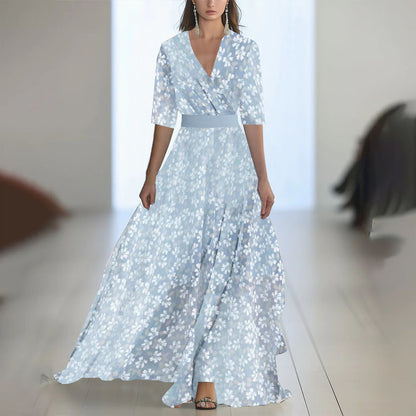 Printed Long Sleeved V-neck Patchwork Dress