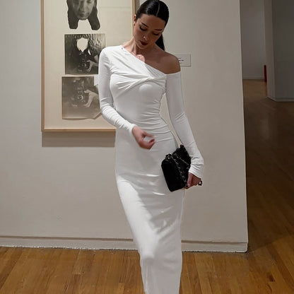 Women's Fashion Slim-fit Slant Shoulder Twist Solid Color Dress