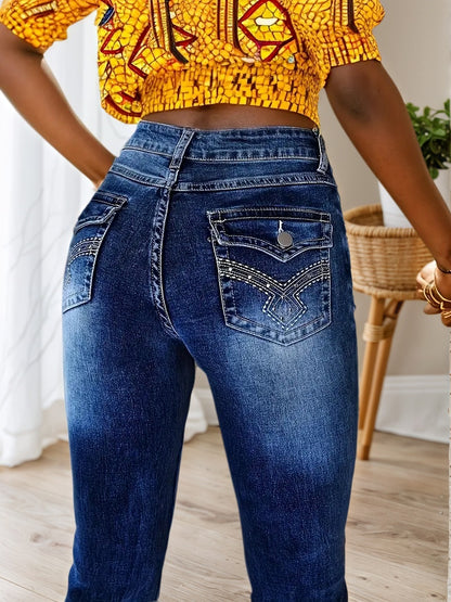 2025 Slim Fit Elastic Washed Blue Casual Style Zipper Buckle Jeans, Women's Denim Jeans