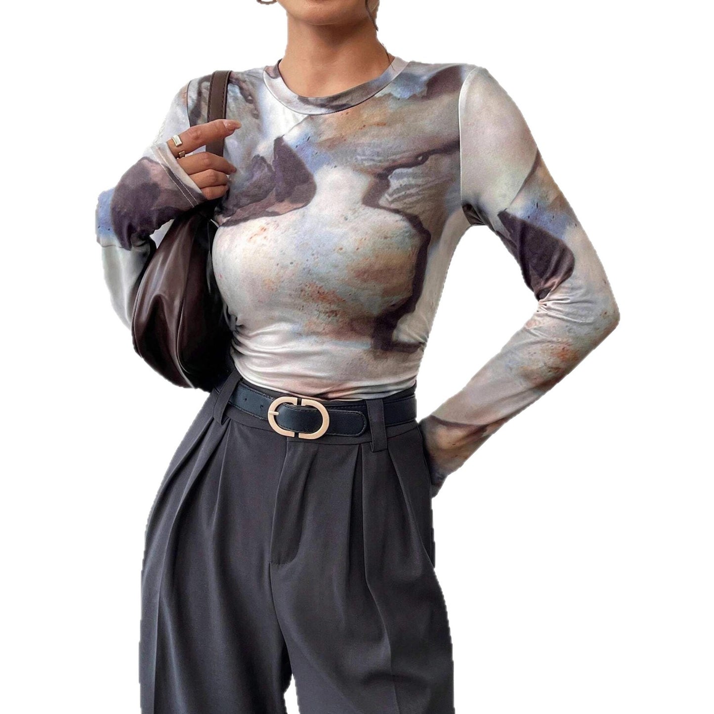 Ink-wash Retro Print Women's Slim-fit Versatile Stylish Top