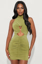 Affectionate Metal Decorated Solid Color Turtleneck Pleated Sheath Mini Dress