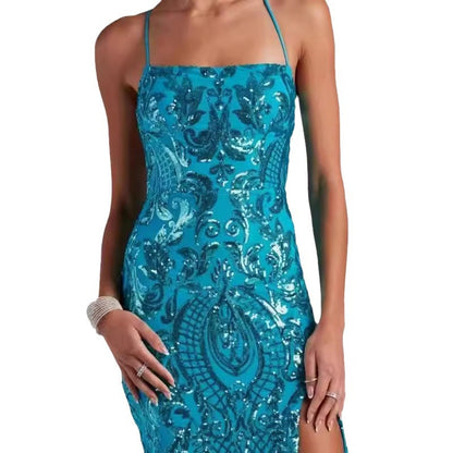 Sexy One-shoulder Sequin Floor-length Elegant Slit Dress