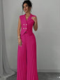 Summer Sleeveless Suit Fashion Lapel Button Vest Top And Pleated Straight Pants Women's Trousers Set Clothing