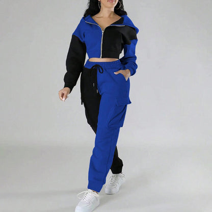 Women's Color Block 2 Piece Set, Full Zip Up Cropped Hoodie Jacket & Drawstring Cargo Pants, Casual Streetwear Outfit