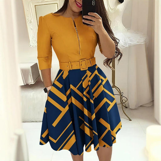 Women's Geometric Print A-Line Midi Dress Semi-Zip Neck Long Sleeve Dress With Belt Spring Summer Fashion Dress