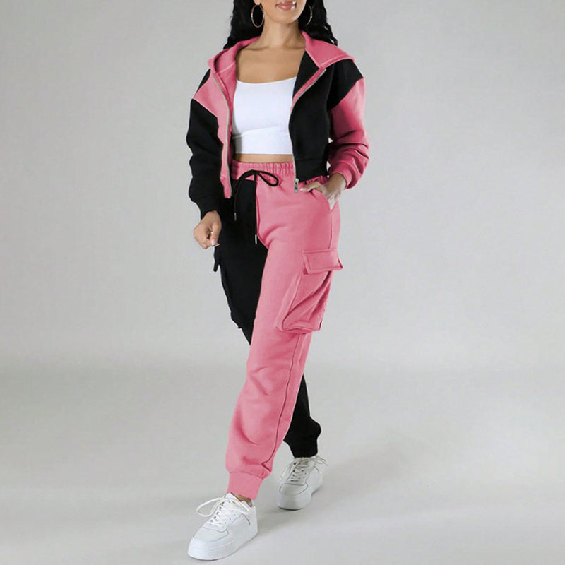 Women's Color Block 2 Piece Set, Full Zip Up Cropped Hoodie Jacket & Drawstring Cargo Pants, Casual Streetwear Outfit