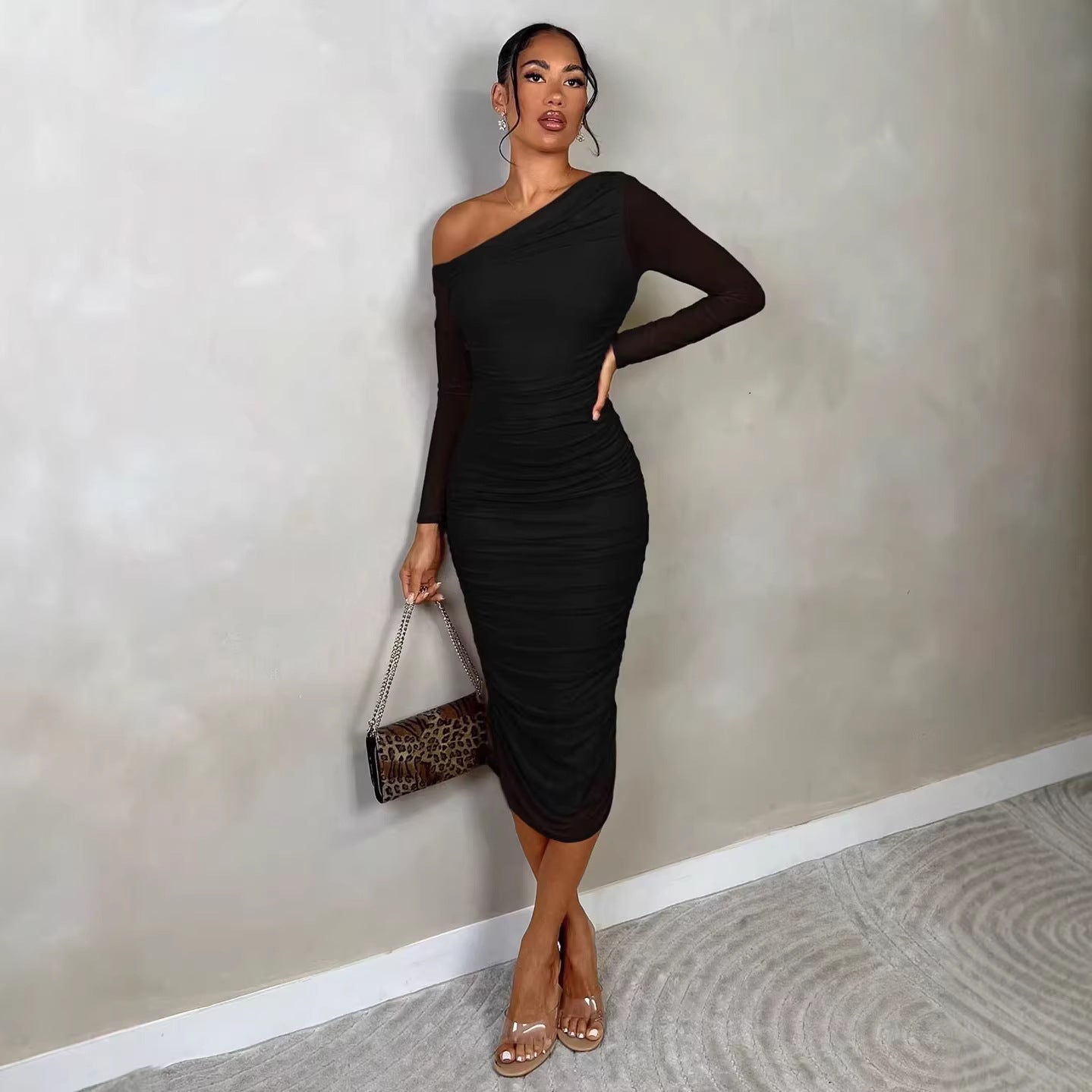 One-Shoulder Mesh Long-Sleeve Pleated Bodycon Dress