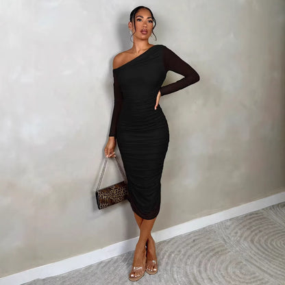 One-Shoulder Mesh Long-Sleeve Pleated Bodycon Dress
