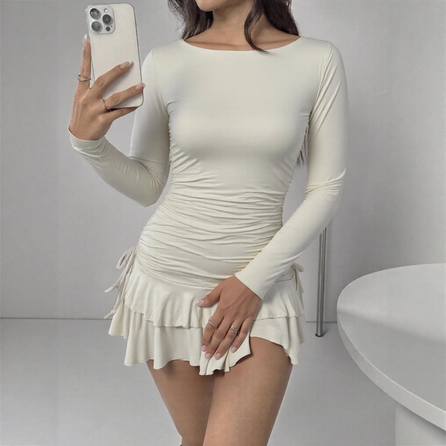 Women's Solid-Color Long-Sleeve Drawstring Fashion Short Dress