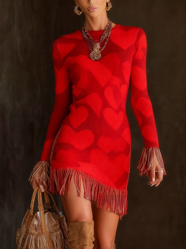 Round-neck Knitted Tassel Bodycon Dress With Digital Print