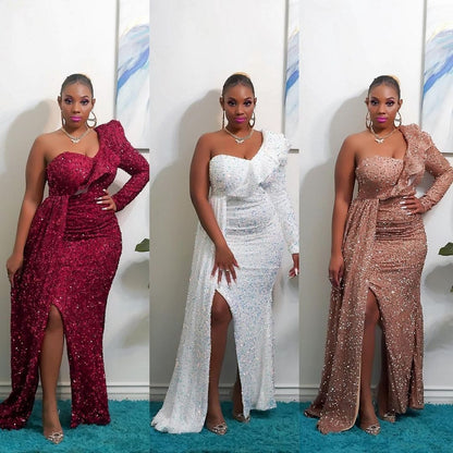 Fashion New One Shoulder Sequin Bridesmaid Party Long Dress
