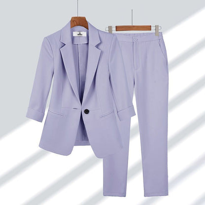 2pcs Casual Blazer Set Solid Color Lapel Single-breasted Jacket And Zipper Straight Pants Women's Office Business Suit