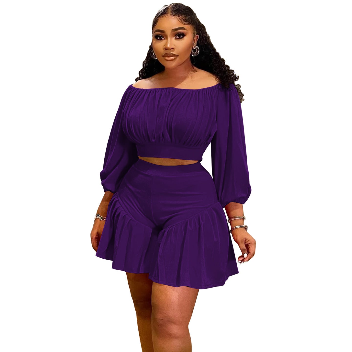 Pleated One-shoulder Puff Waist-casual Two-piece Set
