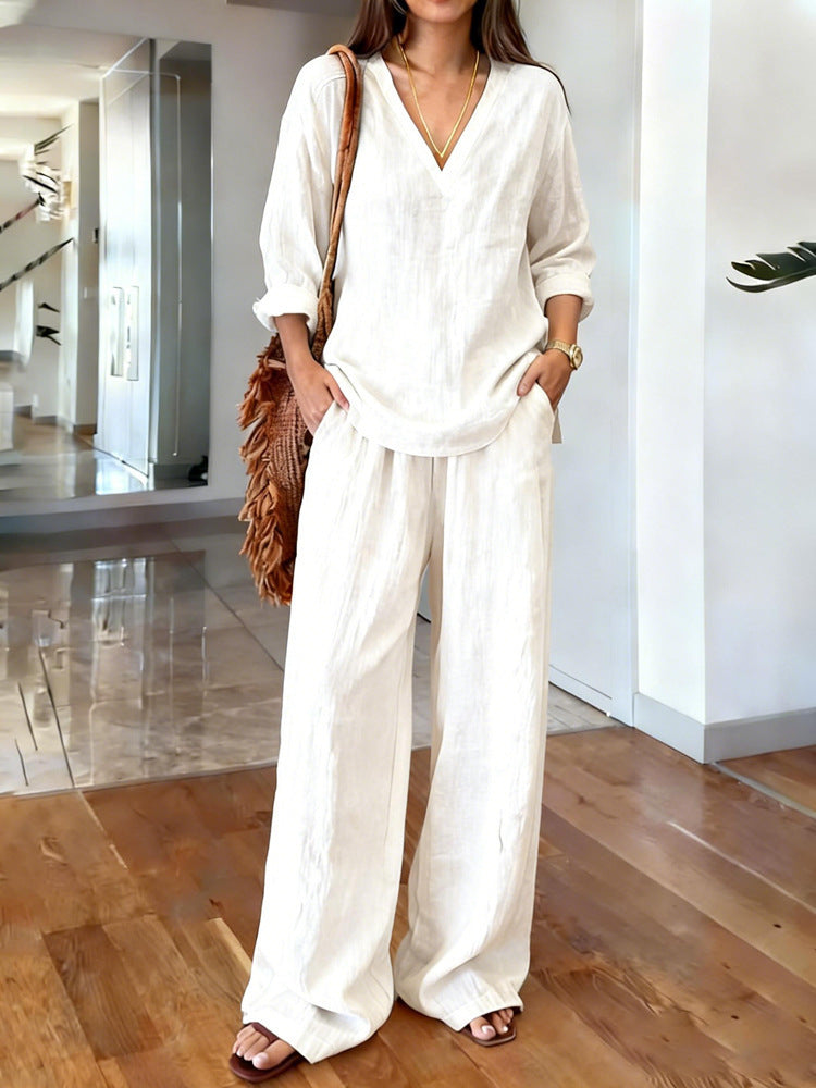 Womens Washed Cotton Multi-Color V-Neck Pullover Long-Sleeve Top And Pants Set