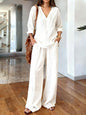 Womens Washed Cotton Multi-Color V-Neck Pullover Long-Sleeve Top And Pants Set
