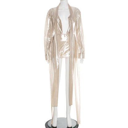 Women's Sexy Transparent Tied Long Sleeves Top Tight Sheath Short Dress Two-piece Set