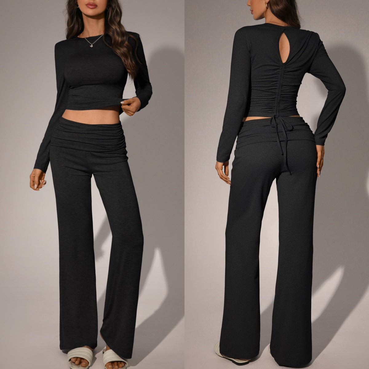 Womens Solid-Color Casual Fashion Top And Pants Set