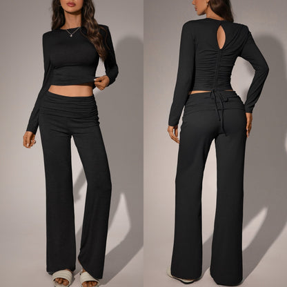 Womens Solid-Color Casual Fashion Top And Pants Set