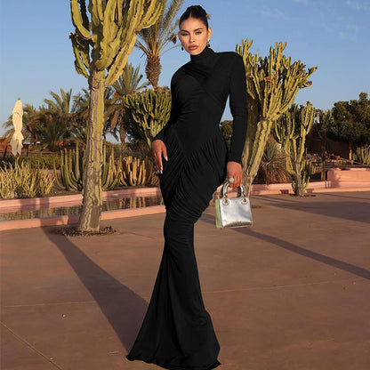 Women's Solid Color High Neck Long Sleeve Ruffle Back Bodycon Dress