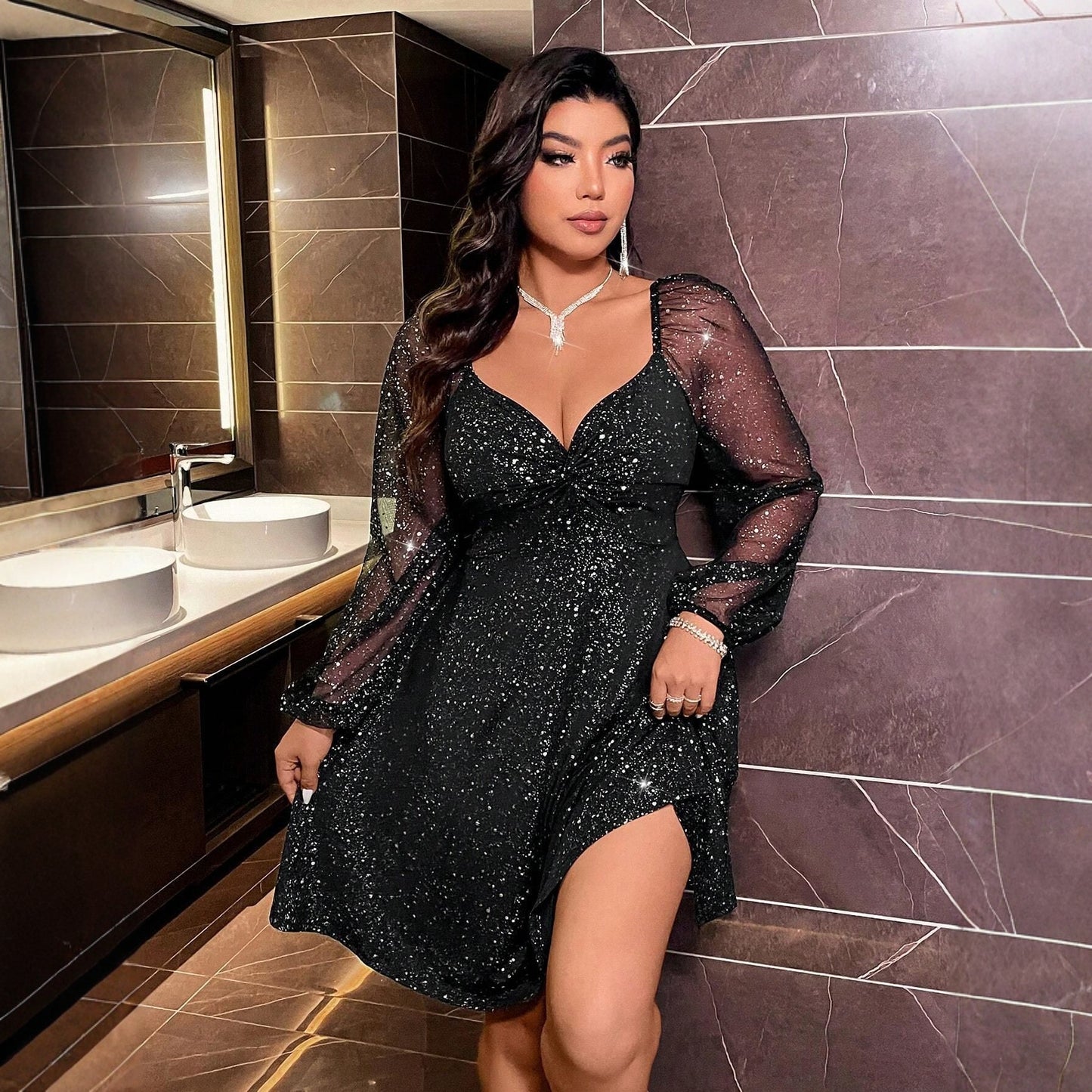 Womens Solid-Color V-Neck Mesh Dress With Sparkling Details