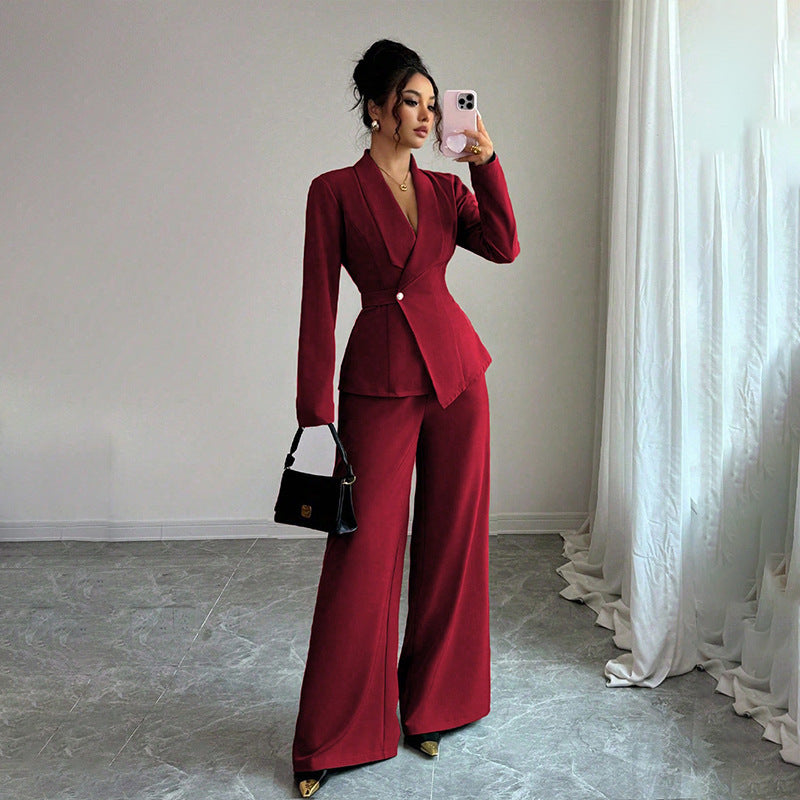 Women's Long-sleeved Suit Jacket Straight-leg Pants Top And Bottom