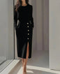 Long-sleeved Round Neck Waist-tie Button-decorated Slit Women's Dress