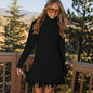 Women's Solid Color High Neck Handmade Fringe Fashion Dress