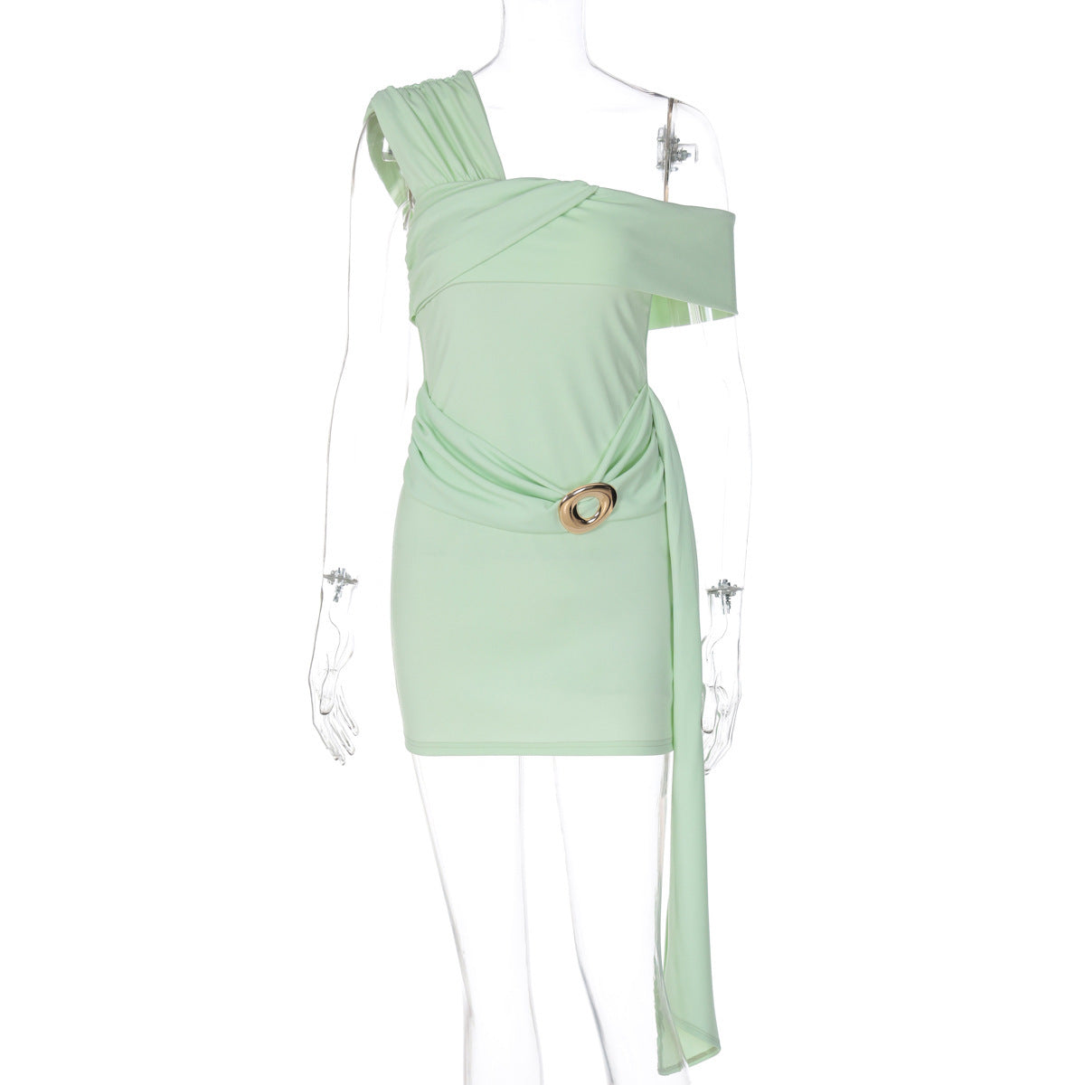 Off-shoulder Pleated Ribbon Tight High Waist Dress