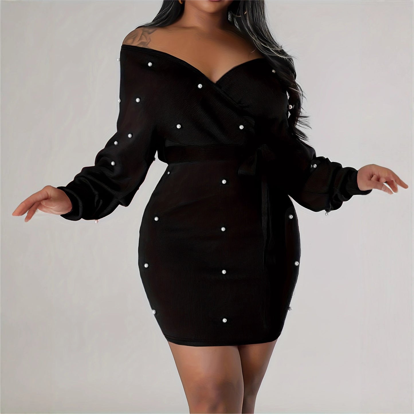 Beaded Bodycon Dress Casual Long-sleeve Solid-color Off-shoulder Dress Women's Apparel
