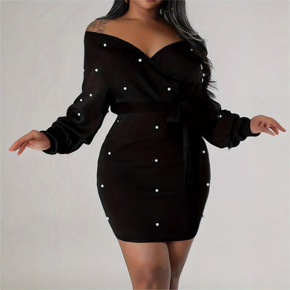 Beaded Bodycon Dress Casual Long-sleeve Solid-color Off-shoulder Dress Women's Apparel