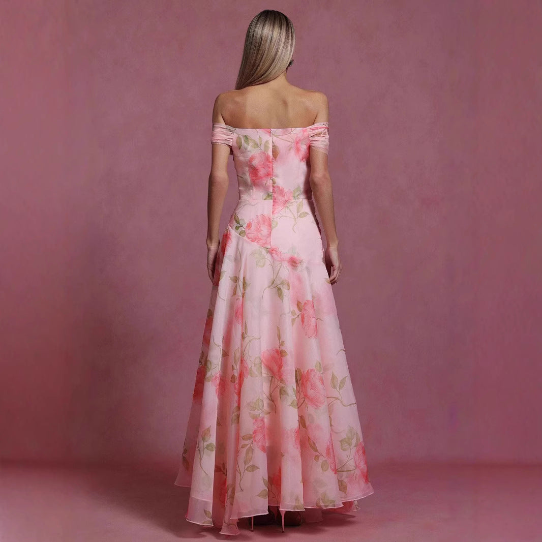 Retro Floral Waist-Cinching Casual Printed Off-Shoulder Dress