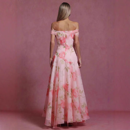 Retro Floral Waist-Cinching Casual Printed Off-Shoulder Dress