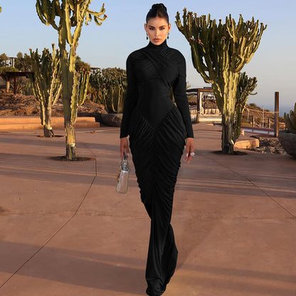 Women's Solid Color High Neck Long Sleeve Ruffle Back Bodycon Dress