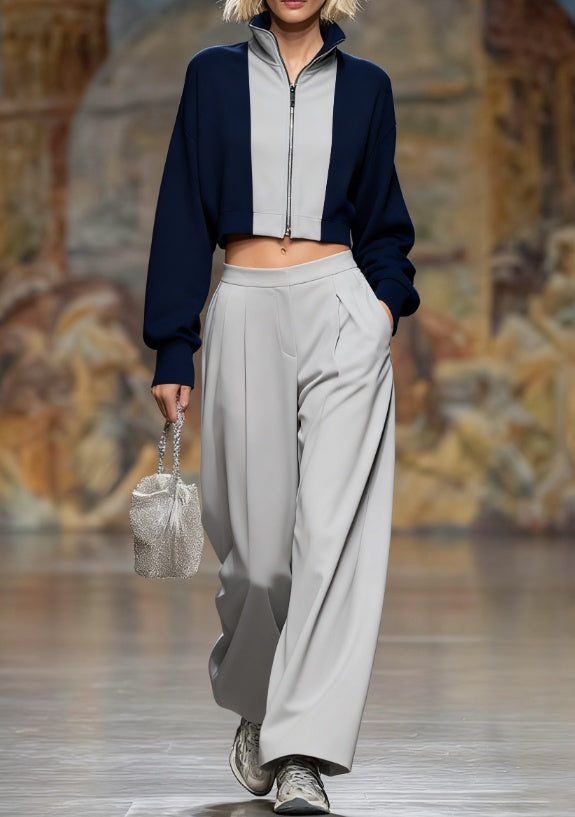 Short-sleeved Stand-collar Zippered Sweater With Wide-leg Pants Two-piece Set