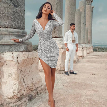 Women's Deep V Long Sleeve Slim Pencil Dress